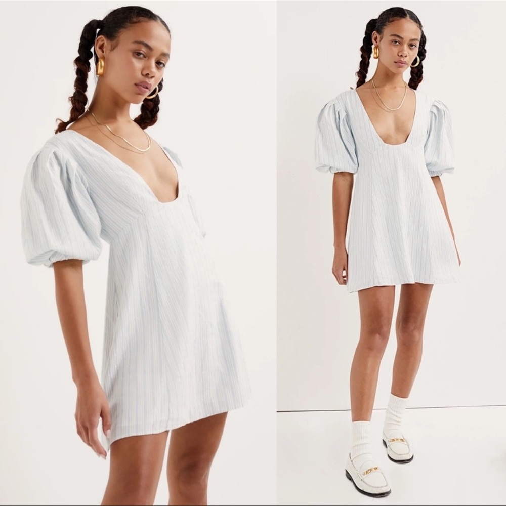 NWT For Love and Lemons Leslie Mini Dress Light Blue Size XS Metallic Stripe